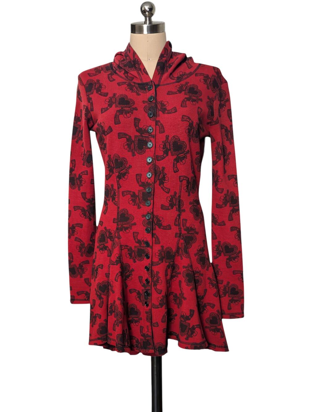 RARE BETSEY JOHNSON Red Black Thermal Graphic Print Guns Hearts Hoodie M